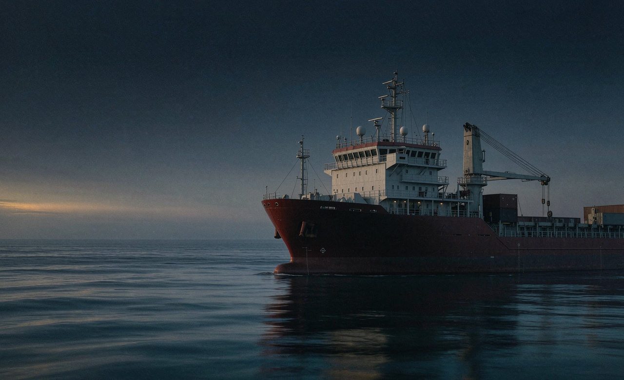 Ocean-going tanker underway at blue hour